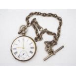 A white metal cased, open faced pocket watch, the case stamped Fine Silver,