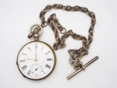 A white metal cased, open faced pocket watch, the case stamped Fine Silver,