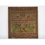 A late Victorian needlework sampler with alphabet, flora, fauna and a pious sentence, Mary Handley,