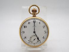 Omega - A gold plated, open faced, keyless wind pocket watch, c.