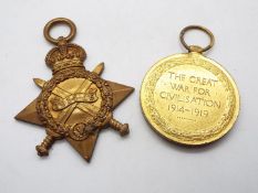 A World War One (WW1 / WWI) medal pair comprising 1914 - 1915 Star and Victory Medal,