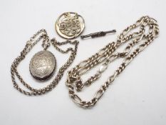 A silver necklace, 60 cm (l), silver locket with chased decoration, silver brooch and similar,