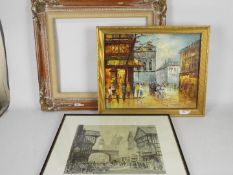 A framed oil on canvas, Parisian street scene, signed by the artist lower right,