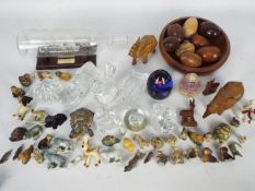 Lot to include treen, ship in bottle, glass paperweights including Waterford,