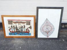Two framed pieces of wall art comprising an Egyptian style example (56 cm x 76 cm) and similar,