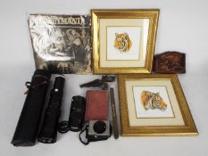 Lot to include camera lenses, two framed limited edition prints after Stephen Gayford,
