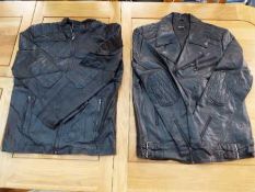 Two faux leather zip front black jackets, size L and XL,