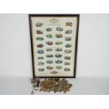 A framed set of Castella Donington Collection collectors cards, a quantity of UK and foreign coins,