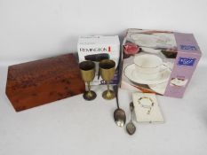 Lot to include wooden box, brass goblets, boxed coffee service, hairdryer and other.