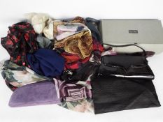 Lot to include head scarves, silk and similar and two hand bags.