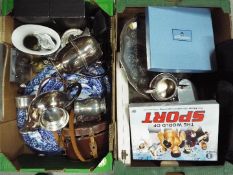 A mixed lot to include ceramics, plated ware, metal ware, cased binoculars, laptop and similar,