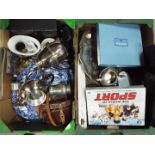 A mixed lot to include ceramics, plated ware, metal ware, cased binoculars, laptop and similar,