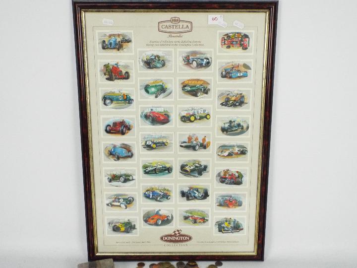 A framed set of Castella Donington Collection collectors cards, a quantity of UK and foreign coins, - Image 2 of 4