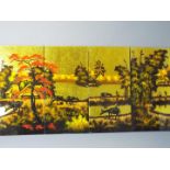 Four lacquered panels, landscape scenes with buffalo, each approximately 59 cm x 29 cm.