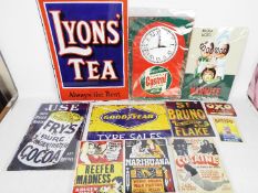 A collection of vintage enamel style signs.