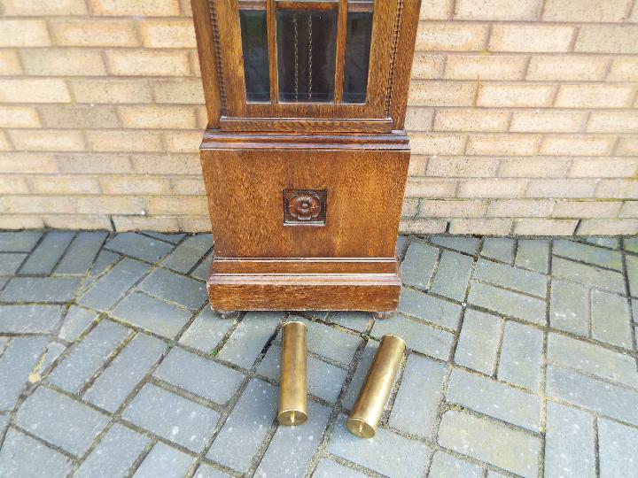 An early 20th century oak cased longcase clock, hour and half past gong striking movement, - Image 4 of 10