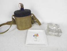 Lot to include a glass ashtray, XL Art Picasso dish, military water canteen.