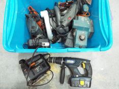 a box of DIY electrical tools to include a planer a hand-held circular saw and other.