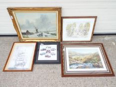 A collection of pictures to include a framed oil on canvas depicting a shepherd and sheep,