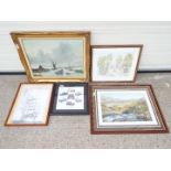 A collection of pictures to include a framed oil on canvas depicting a shepherd and sheep,