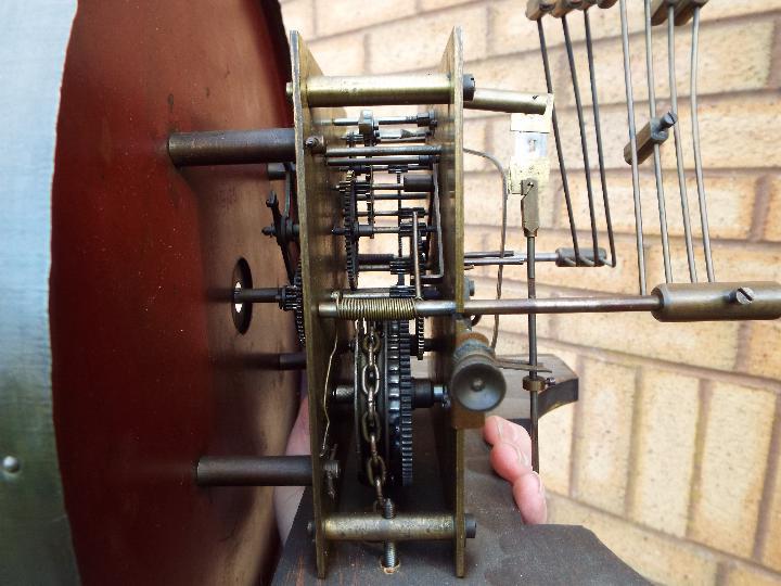 An early 20th century oak cased longcase clock, hour and half past gong striking movement, - Image 9 of 10