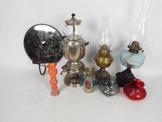 Lott to include oil lamp parts, wall mountable mirrored candle stand, vintage Manning,