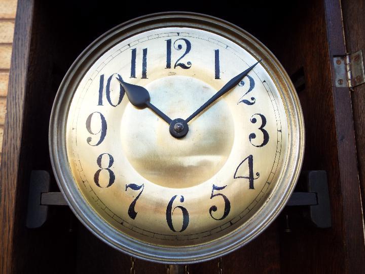 An early 20th century oak cased longcase clock, hour and half past gong striking movement, - Image 5 of 10