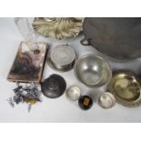 Mixed metal ware to include an Art Nouveau pewter pedestal bowl by Hutton, Sheffield and similar.
