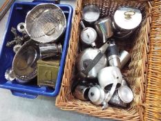 A box and a wicker hamper containing a quantity of mixed metal ware.