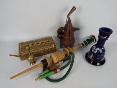 Lot to include an inlaid tissue box cover, blue glass hookah pipe with hand painted decoration,