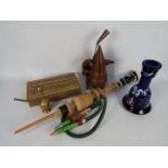 Lot to include an inlaid tissue box cover, blue glass hookah pipe with hand painted decoration,