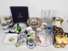 Mixed ceramics and glassware to include Chinese, Jasperware, commemorative and similar, two boxes.