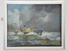 A framed oil on board depicting the traw