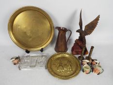 Lot to include five small Royal Doulton character jugs, brass ware, carved wooden eagle and similar.