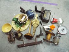 A collection of vintage items including kitchenalia, metal ware, bellows and similar.