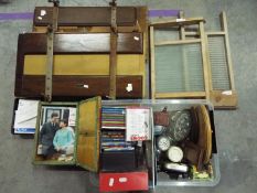 Vintage kitchenalia, collectables, sewing box, flatware and similar.