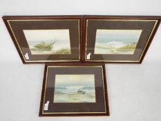 Three framed watercolour coastal landscapes, signed by the artist, mounted and framed under glass,