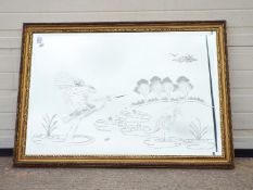 A large wall mirror with depictions of herons, approximately 70 cm x 101 cm.