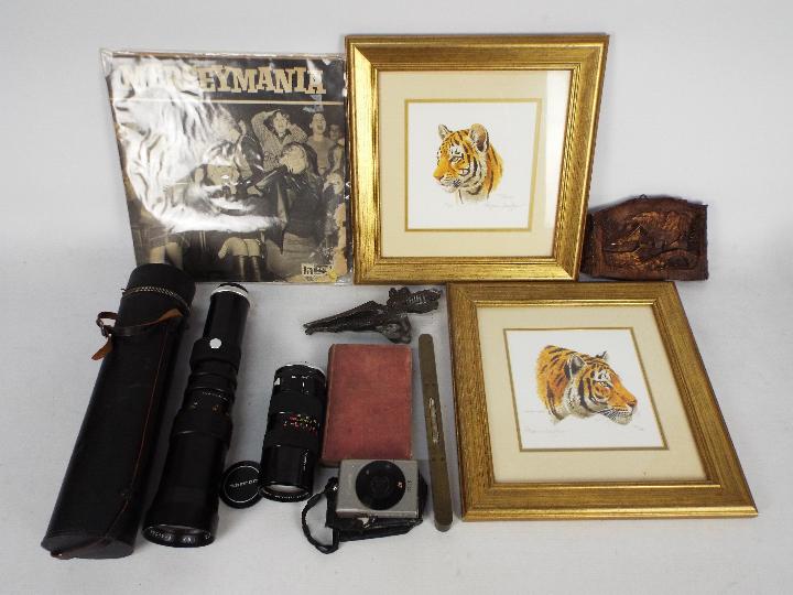 Lot to include camera lenses, two framed