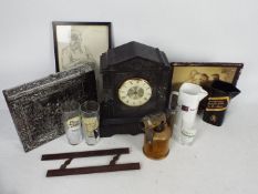 Lot to include a vintage Sievert blow lamp, ceramic water jugs, whisky branded glasses,