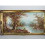 A large framed oil on canvas lakeside landscape scene, signed lower left I Cafieri,