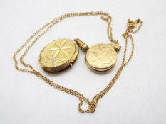 A 9ct gold locket with engraved decoration on yellow metal chain stamped 9k and a further yellow