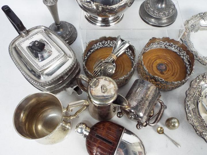 A good collection of silver plated items including a silver plate and brown leather clad hip flask, - Image 3 of 5