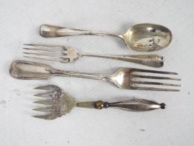 Four pieces of hallmarked silver flatware, Victorian and later to include two forks,