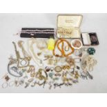 A mixed lot of costume jewellery to include earrings, amber necklace,