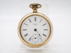 A gold plated, open faced pocket watch retailed by R A Douglas, Barrie, Ontario.