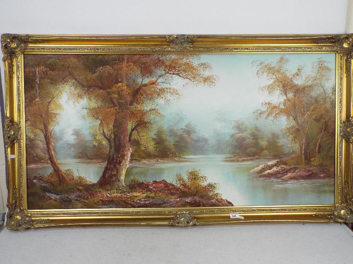 A large framed oil on canvas lakeside landscape scene, signed lower left I Cafieri, - Image 4 of 7