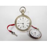 A white metal, open face, pocket watch, Roman numerals to a white enamel dial marked A.W.W.