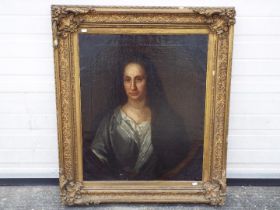 A framed oil on canvas portrait depicting a lady, unsigned, approximately 75 cm x 62 cm image size.