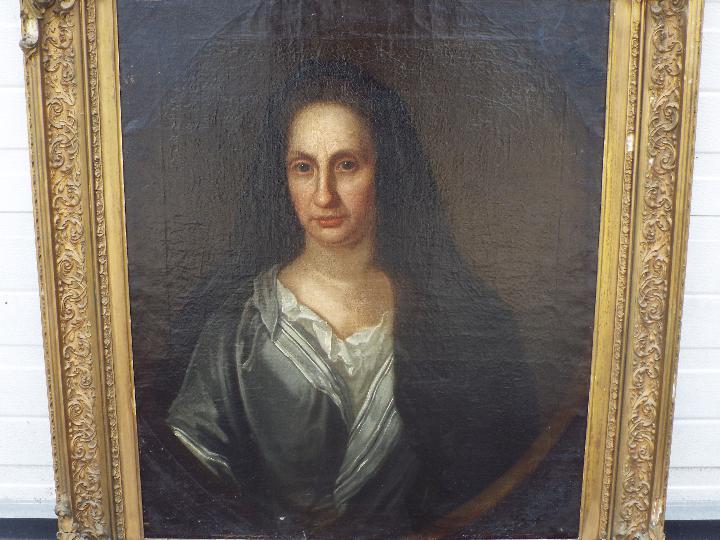 A framed oil on canvas portrait depicting a lady, unsigned, approximately 75 cm x 62 cm image size. - Image 2 of 10